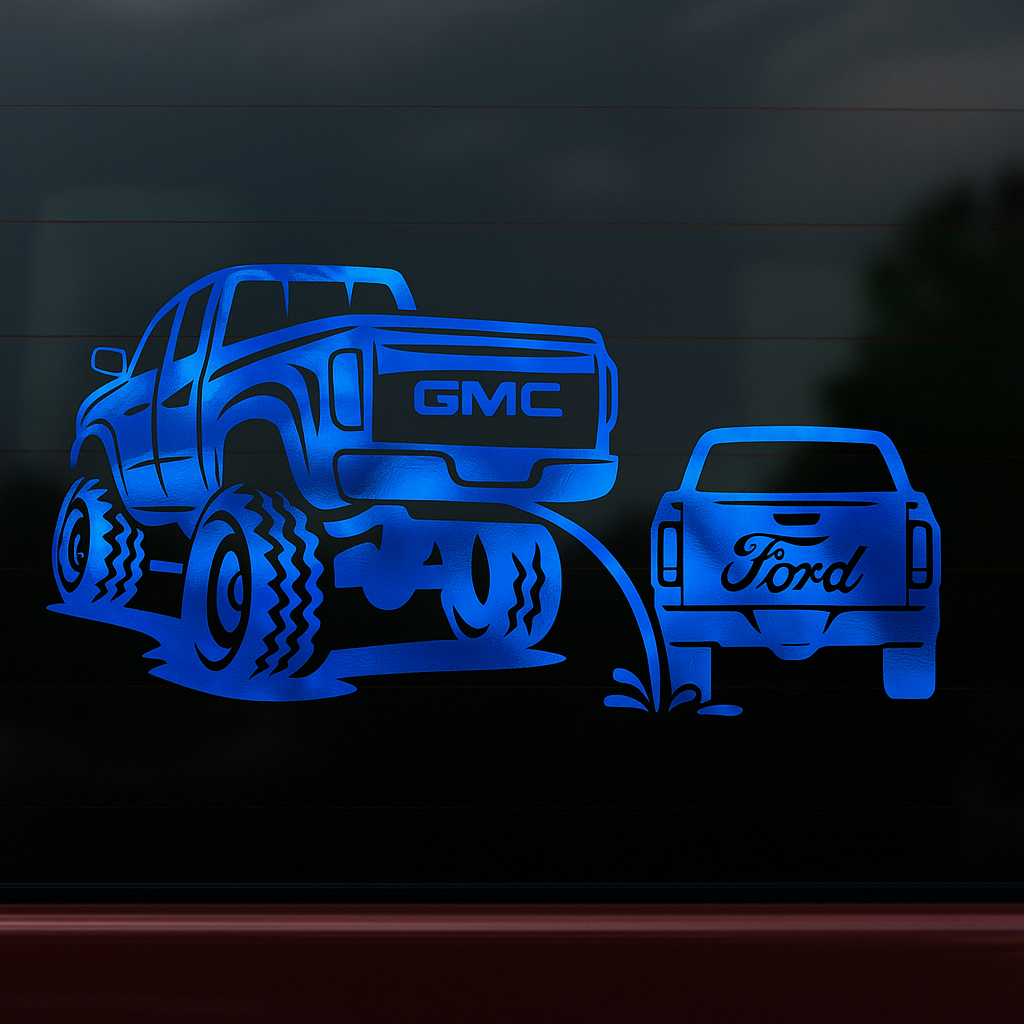 Gmc pee on ford classic funny decal 10x5.5 inches with multiple colors to choose from.