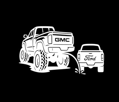 Gmc pee on ford classic funny decal 10x5.5 inches with multiple colors to choose from.