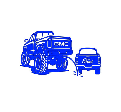 Gmc pee on ford classic funny decal 10x5.5 inches with multiple colors to choose from.