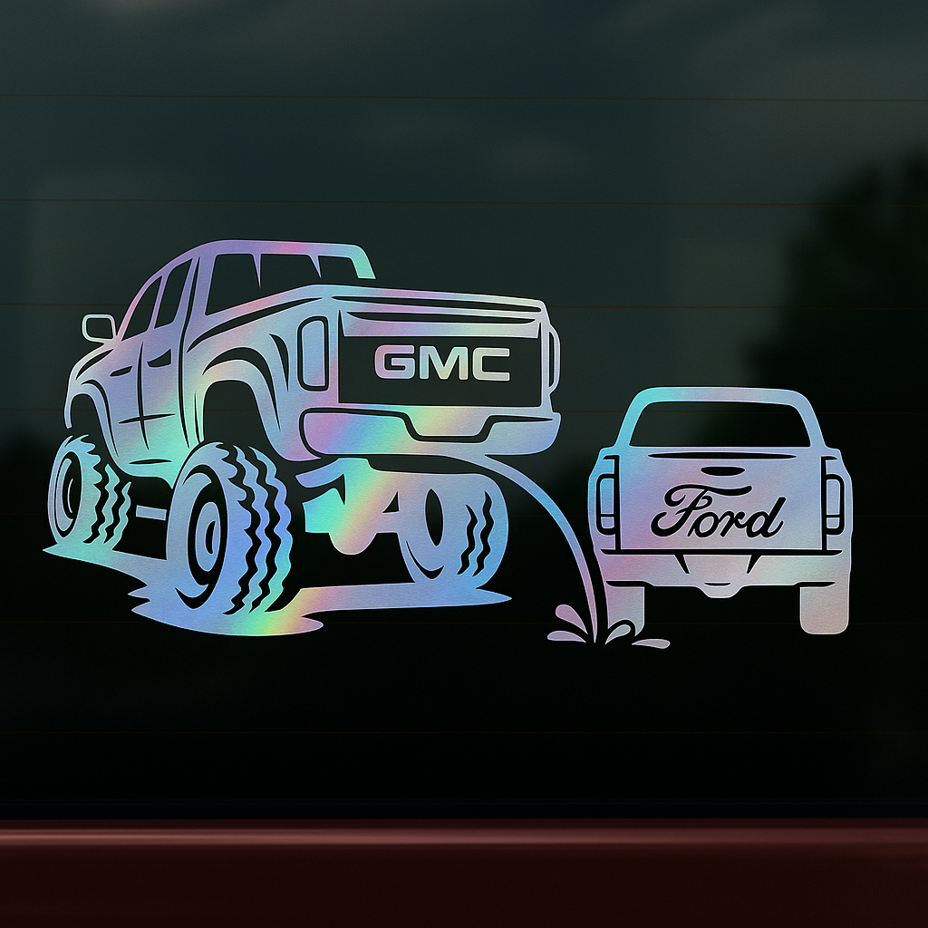 Gmc pee on ford classic funny decal 10x5.5 inches with multiple colors to choose from.