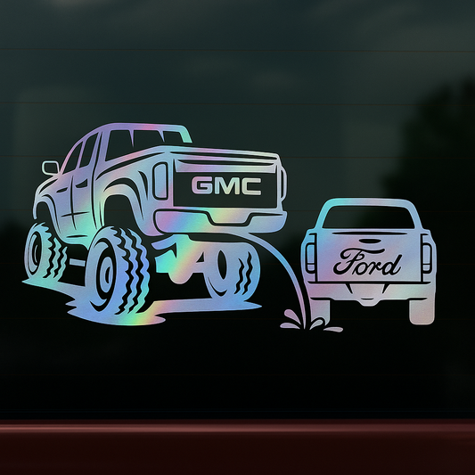 Gmc pee on ford classic funny decal 10x5.5 inches with multiple colors to choose from.