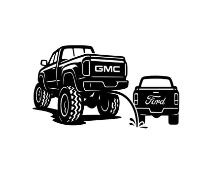 Gmc pee on ford classic funny decal 10x5.5 inches with multiple colors to choose from.