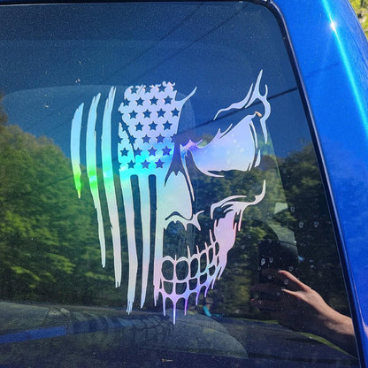 Distressed American Flag Skull Vinyl Decal, Patriotic Decorative Car Sticker, Fade Resistant Long Wearing Accessory for 