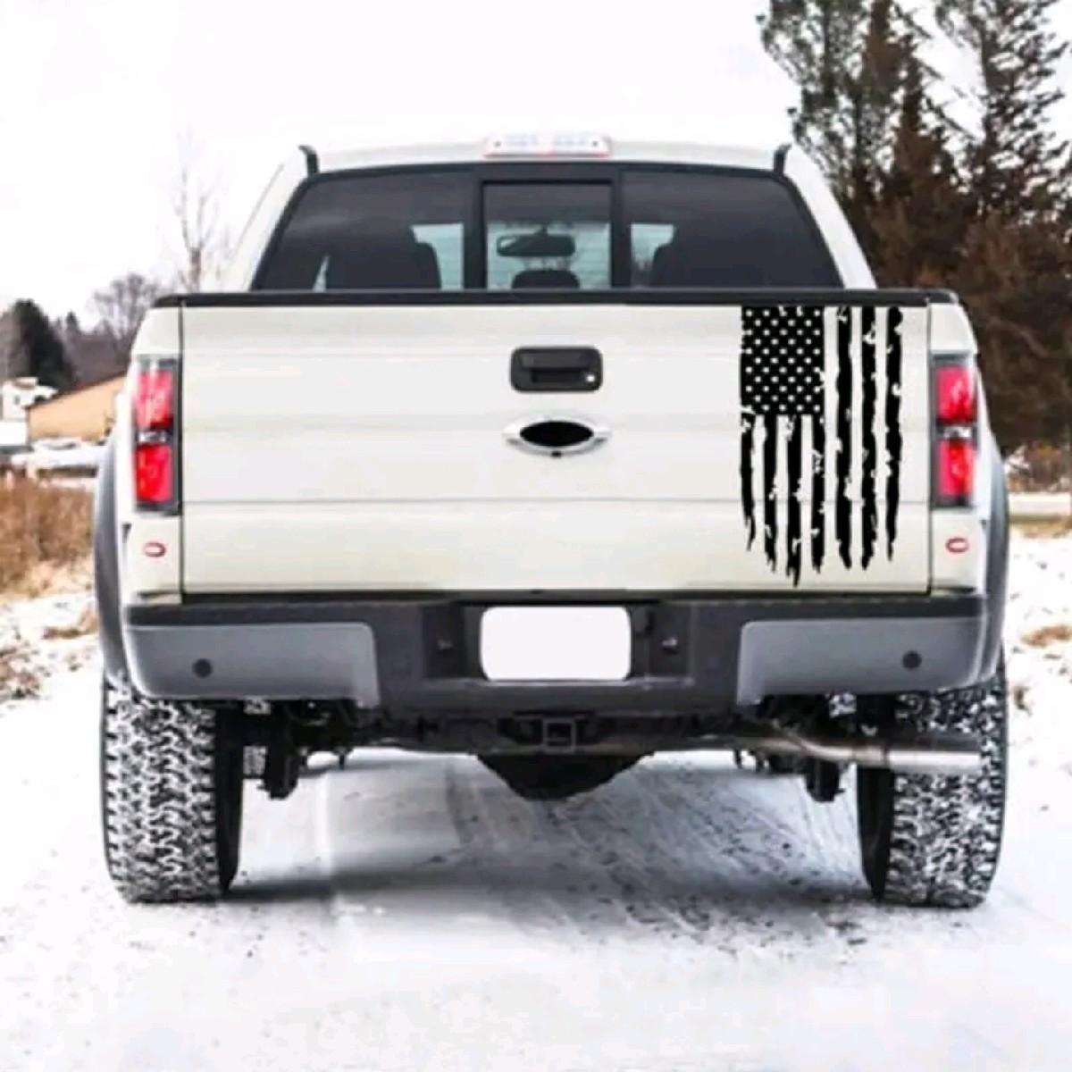 Distressed American USA US Flag Truck Tailgate Vinyl Decal  - Graphic Car, Tailgate Stickers (12" x 20", Black)