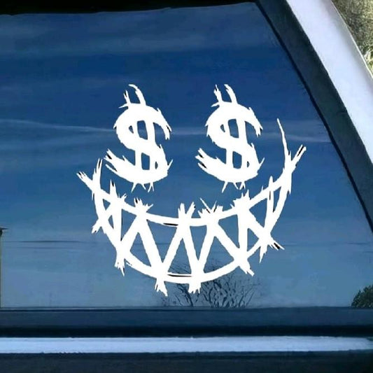 Dollar sign eyes with evil grin decal. Money decal for car or truck window. Bumper sticker. Multiple sizes and colors