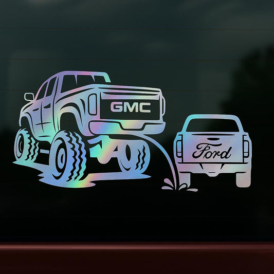 Gmc pee on ford classic funny decal 10x5.5 inches with multiple colors to choose from.