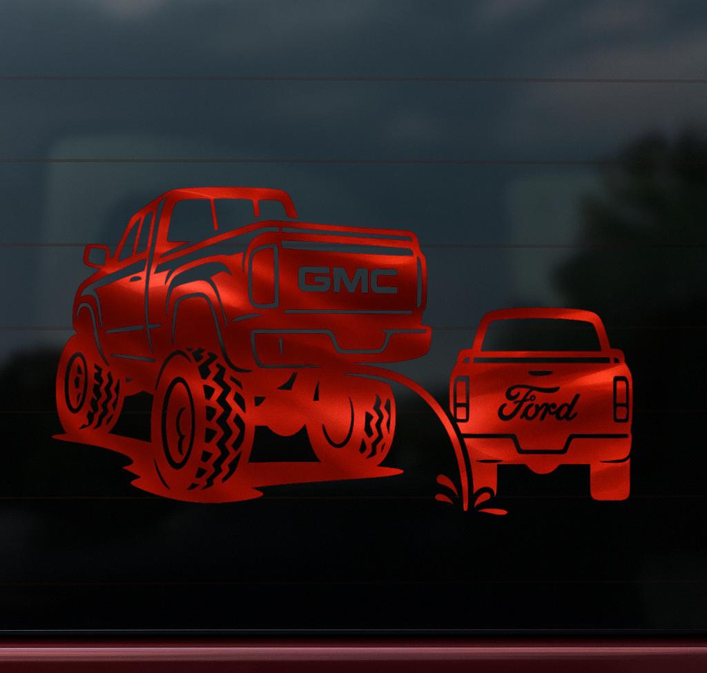 Gmc pee on ford classic funny decal 10x5.5 inches with multiple colors to choose from.