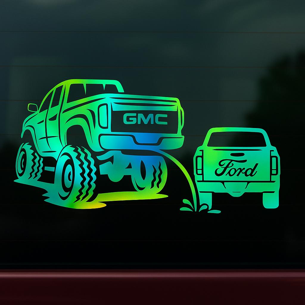Gmc pee on ford classic funny decal 10x5.5 inches with multiple colors to choose from.