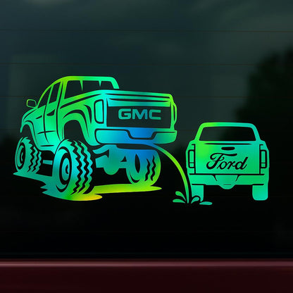 Gmc pee on ford classic funny decal 10x5.5 inches with multiple colors to choose from.
