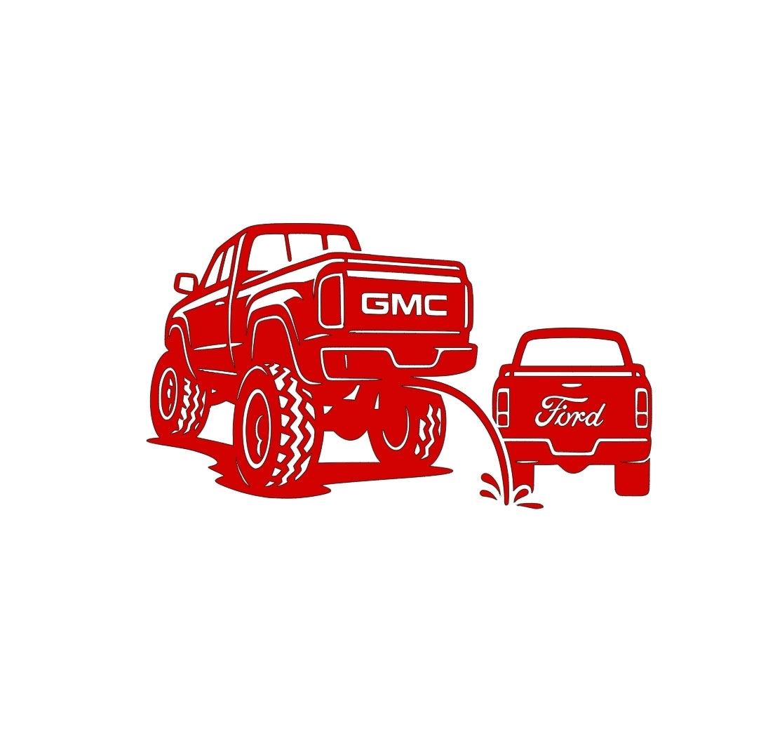 Gmc pee on ford classic funny decal 10x5.5 inches with multiple colors to choose from.