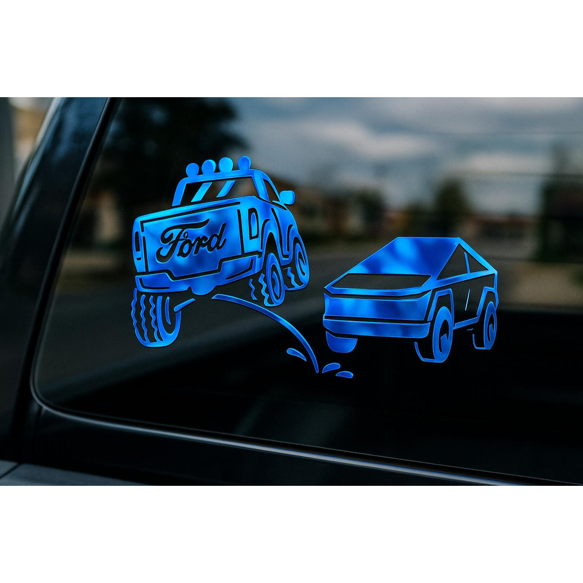 Ford Pee On Cyber Truck Vinyl Decal - 8x4.5 Inch Clear Transfer Tape Sticker for F150 F250 F350 Lariat Window Bumper Dec