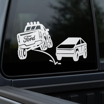 Ford Pee On Cyber Truck Vinyl Decal - 8x4.5 Inch Clear Transfer Tape Sticker for F150 F250 F350 Lariat Window Bumper Dec