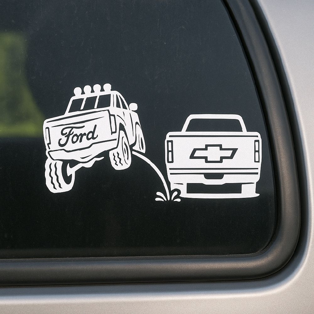 Ford Pee on Chevy Vinyl Decal 8x4.5 Inches Clear Transfer Tape Funny Bumper Sticker for F150 F250 F350 Lariat Vehicle Ex