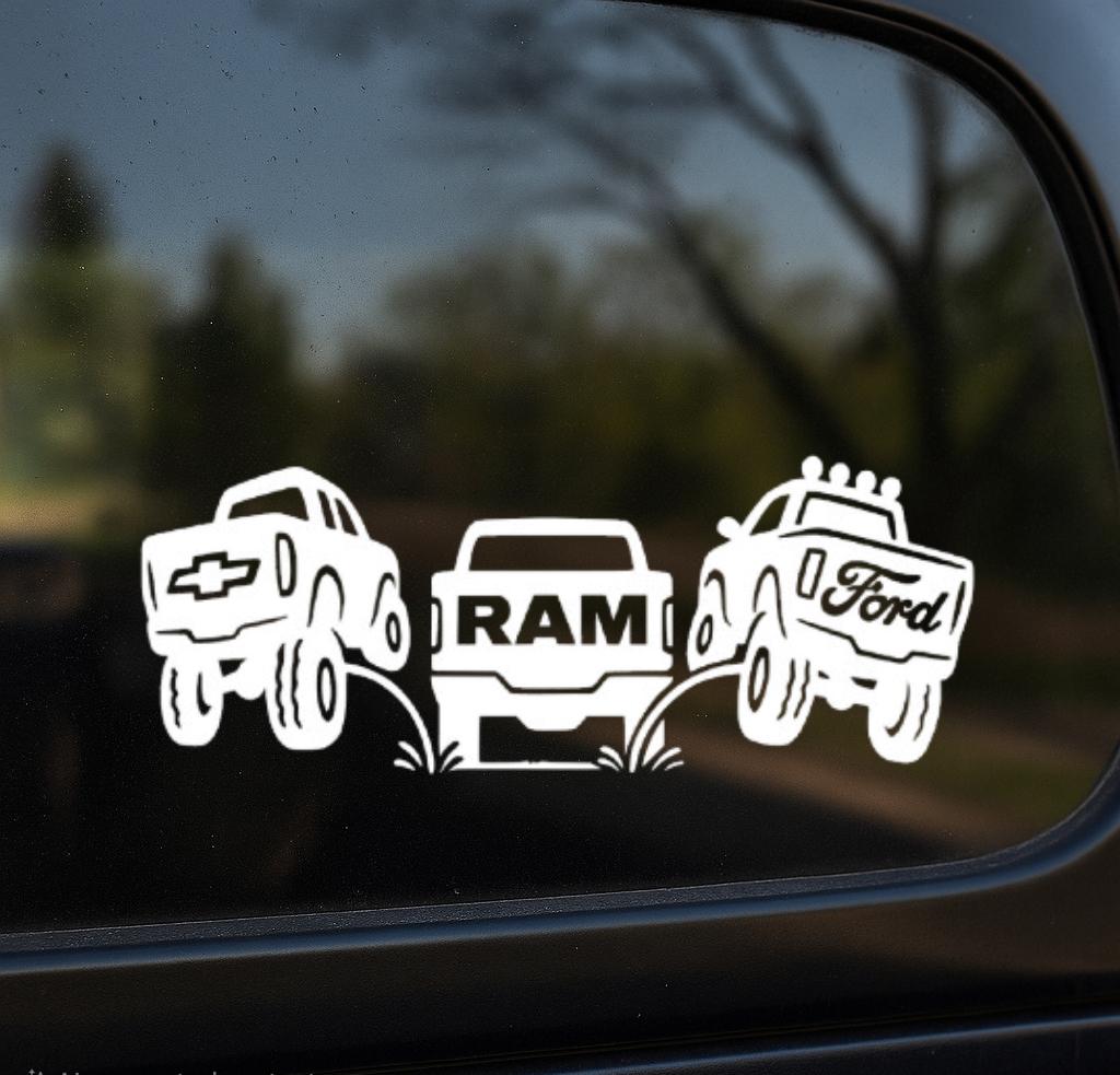 Chevy and Ford pee on Ram decal. Funny classic redesign sticker for trucks.
