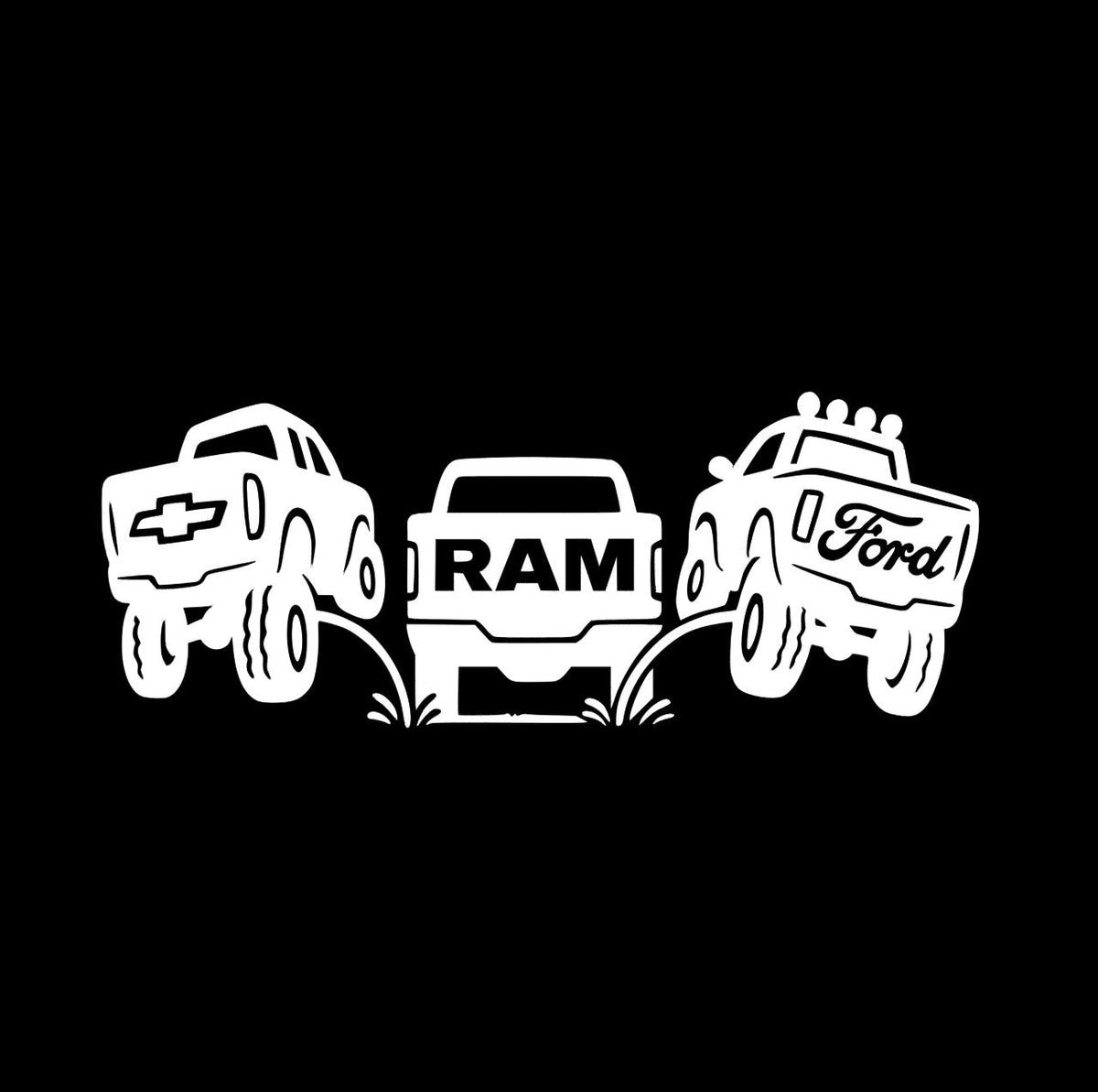 Chevy and Ford pee on Ram decal. Funny classic redesign sticker for trucks.