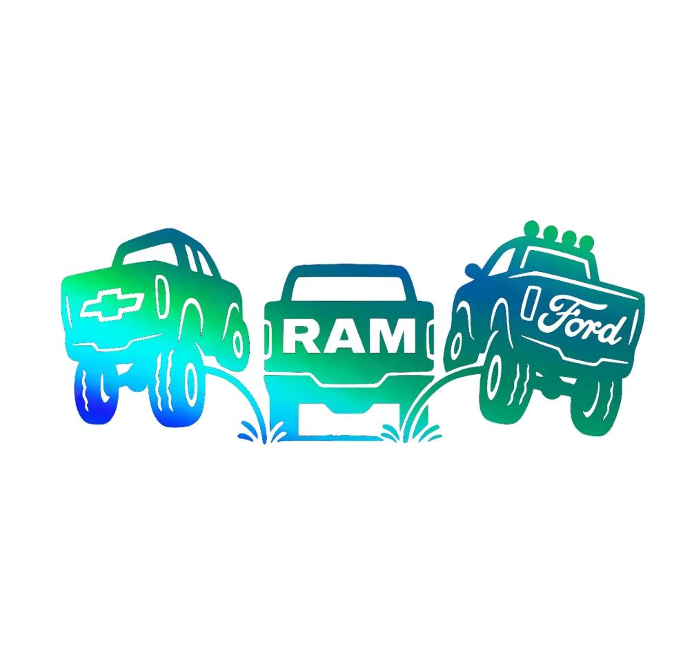 Chevy and Ford pee on Ram decal. Funny classic redesign sticker for trucks.