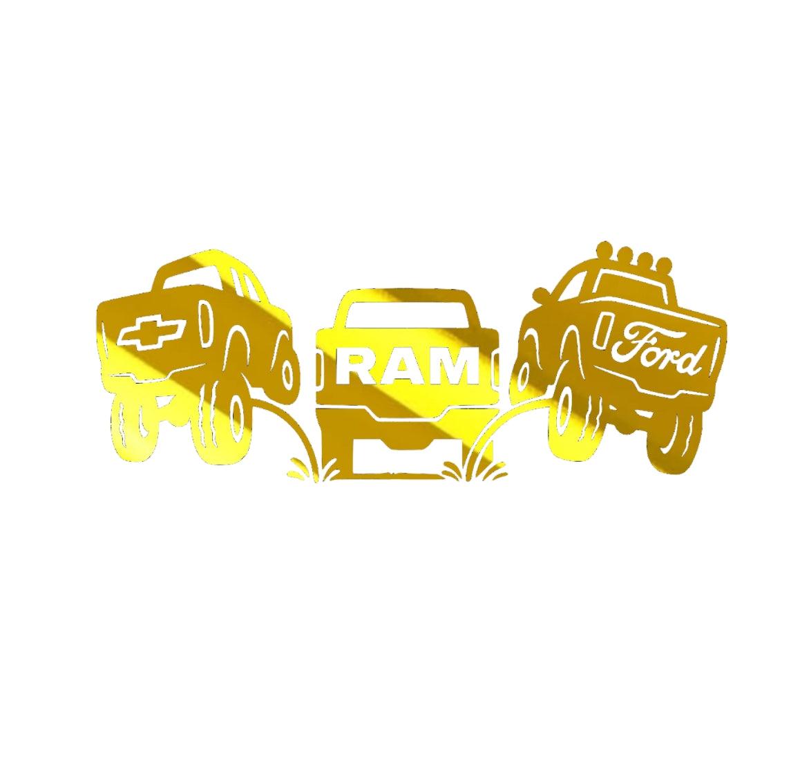 Chevy and Ford pee on Ram decal. Funny classic redesign sticker for trucks.
